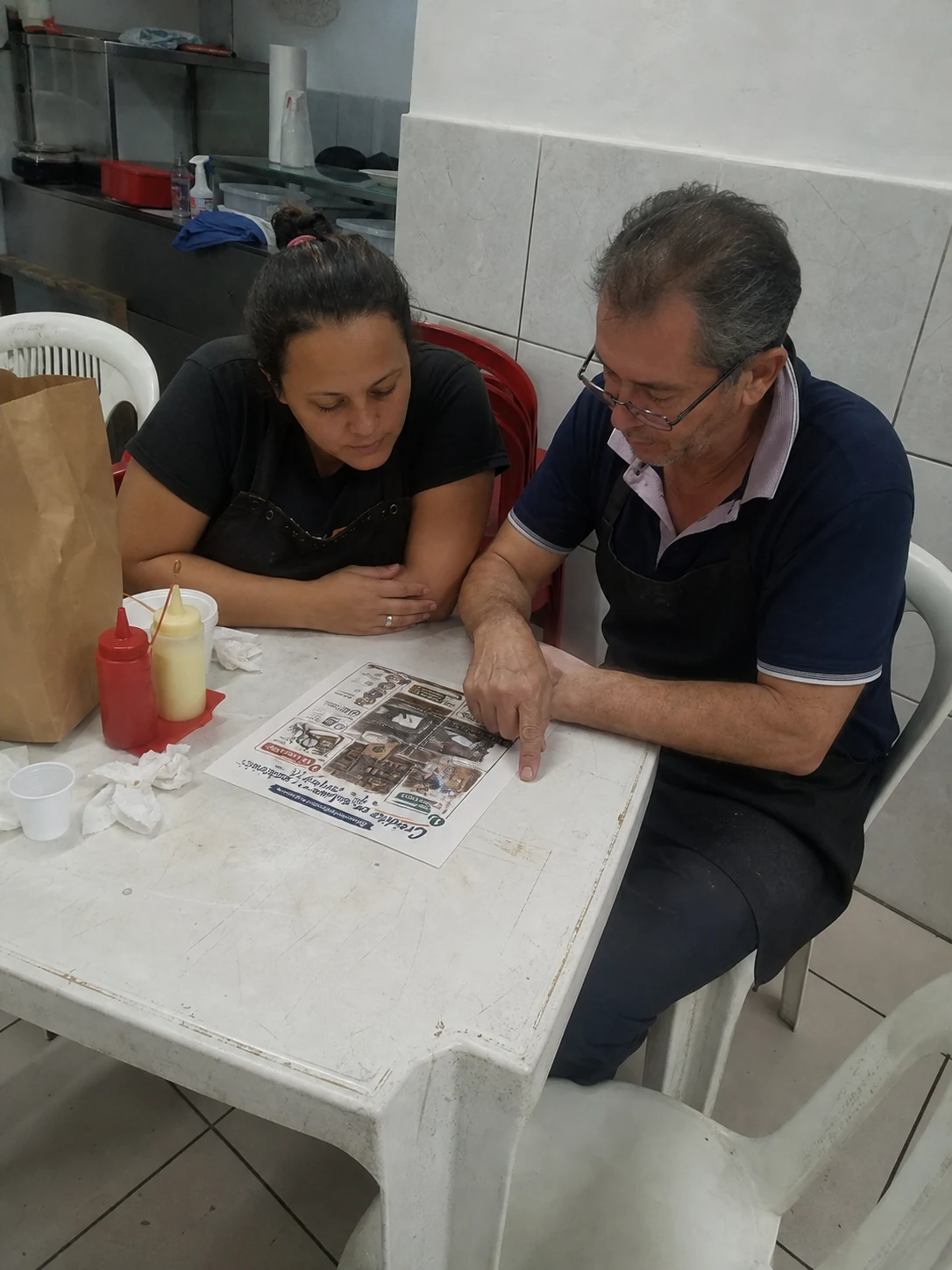 Equipe de lanchonete analisando uma ficha visual